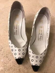 Vintage 80's black & white polkadot leather BRUNO MAGLI heels pumps shoes size 7 - Picture 1 of 7