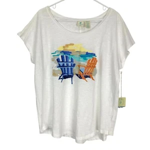 Caribbean Joe White Scoop Neck Short Sleeve Beach Print T-Shirt Sz XL New w/Tag - Picture 1 of 5