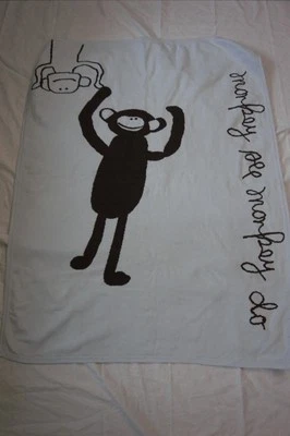 Pottery Barn Kids Blanket Monkey See Monkey Do Blue Brown Cotton Knit 30X40 Baby - Image 1 of 4