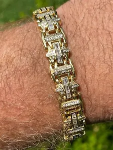 Men’s Custom Real 14k Gold Plated 925 Silver Bracelet Iced Baguette CZ Hip Hop - Picture 1 of 12
