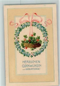 10507920 - Geburtstag - Kranz aus Blueten, Korb mit Kleeblaettern AK - Bild 1 von 2