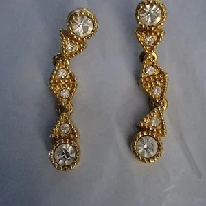 Swarovski Vintage Gold Tone Dangling Earrings With Clear Rhinestones - Picture 1 of 7