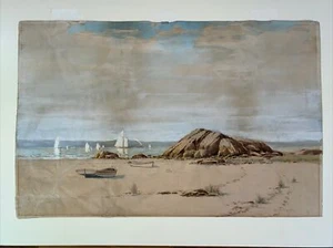 AMERICAN JOHN HUFFINGTON firmato originale ANTICO dipinto paesaggio marino oceano vela - Foto 1 di 12