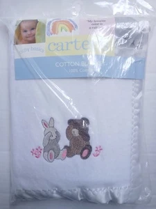 Vintage Cotton Carters Baby Blanket White Satin Trim Embroidered Bear&Bunny - Picture 1 of 5