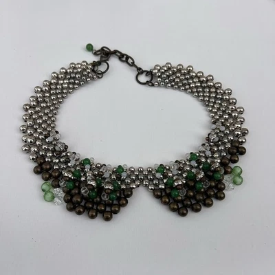 Anthropologie Pam Hiran 银色黄铜珠玉绿色水晶围兜项链 — 第 1/4 张图片