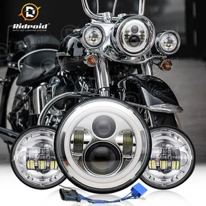 7" LED Headlight Halo + Passing Lamps For Harley Heritage Softail Classic FLSTC - Picture 1 of 24