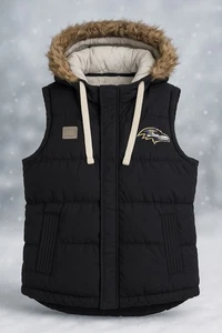 NFL Pro Line Baltimore Ravens Women’s Puffer Vest Faux Fur Hood Black XL - Picture 1 of 10