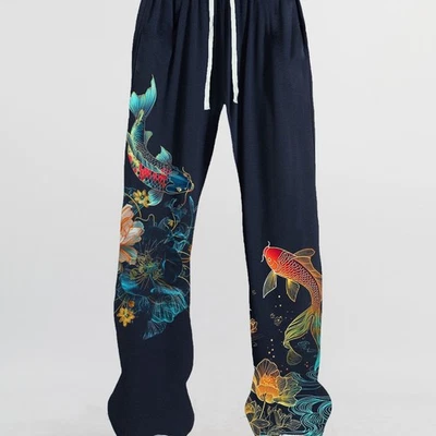 Men's Graphic Print Koi Fish Lounge Sleepwear Pants w/ Pockets Blue Size Large - Image 1 of 4
