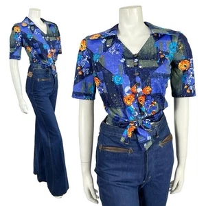 VTG 70S 80S BLUE ORANGE WING COLLAR ROSE FLORAL GEOMETRIC TIE CROP TOP 12 14 M - Picture 1 of 9