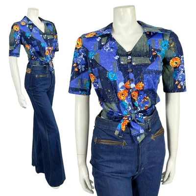 VTG 70S 80S BLUE ORANGE WING COLLAR ROSE FLORAL GEOMETRIC TIE CROP TOP 12 14 M - Image 1 of 4