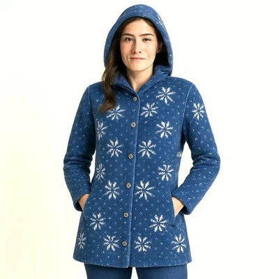 Vtg LL Bean Womens L Fleece Coat Hooded Blue Button Up Festive Holiday Snow Xmas - Image 1 of 4
