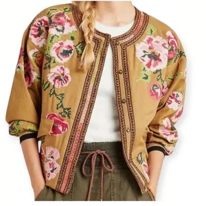 Chaqueta Bomber Anthropologie Floral Punta de Aguja Broches Bohemia Mujer Talla Mediana - Imagen 1 de 18