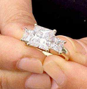 Princess Cut Moissanite three stone Engagement Ring 14K Solid Yellow Gold 3.00ct - Picture 1 of 13