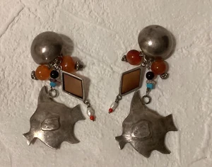 Vintage Rare Sterling Silver & Amber & Beads Fish Dangle Clip Earrings 2.75” - Picture 1 of 10
