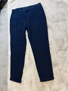 ZARA size Medium 10 Navy Blue Linen Slim Leg Chino Cigarette Mid-waist Trousers - Picture 1 of 9