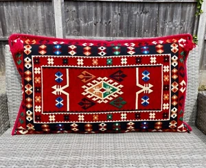 Big Cushion Cover, 50cm x 90cm, Bold Kilim Motifs, Red Colour Backrest Cushion - Picture 1 of 15