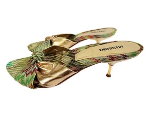 MISSONI Slide Sandals Kitten Heels Chevron Knit + Gold Metallic Leather 39/US 9 - Picture 1 of 15