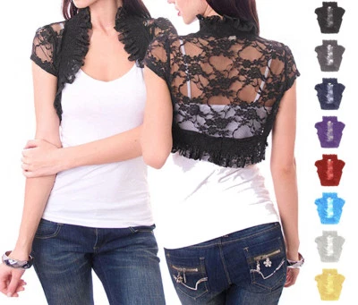 Allover Laced Solid Puffed Short Sleeve Cropped Shirred Bolero S ~ L - Image 1 of 2