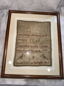 c.1859 Framed Named & Dated Antique Cross Stitch Sampler - VGC - 25x20cm - linen - Picture 1 of 7