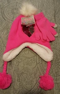  NWT A22 Girls Pink Sequin Heart 2 piece Cold Weather set Hat Gloves Tech - #1 - Picture 1 of 4