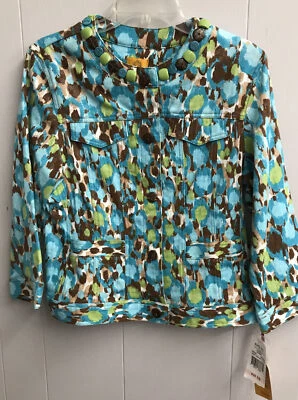 Ruby Rd. Jacket. Shiny Blue/Brown/Green Animal Print. Beaded Neck. Size 10. NWT - Image 1 of 4
