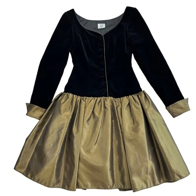 Vestido Laura Ashley Vintage Terciopelo Manga Larga Tafetán Talla 4 EE. UU. Negro Verde Foto 1 de 4
