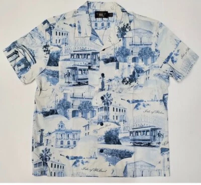 Ralph Lauren RRL Double RL Shirt Mens  Blue Linen Blend Camp Charleston SZ LARGE - Image 1 of 3