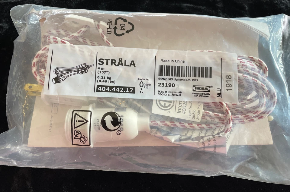 IKEA STRALA 157" (4m) Cord On/Off switch white with Red Stripe 404.442.17