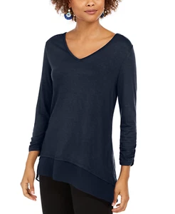 Style & Co V-Neck Top Size Medium Industrial Blue Chiffon-Hem Shirt - Picture 1 of 6