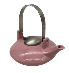 Pink Ceramic Flat Teapot Infuser Modern Shape Tea Strainer O.D.I. 2006 China - Picture 1 of 9