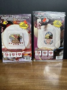 2 Pre-Printed Countless Cross Stitch Tear Away Canvas Fruit Basket Barn Hearts - Picture 1 of 5