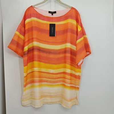 Lafayette 148 Oversize Silk Shirt Blouse Tunic Large Orange Stripe - Image 1 of 4
