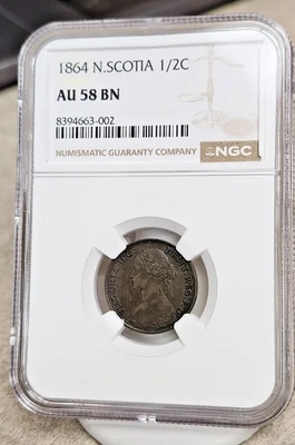 1864 Nova Scotia 1/2 Cent - AU58BN - NGC - Die Clash Rev - Image 1 of 4
