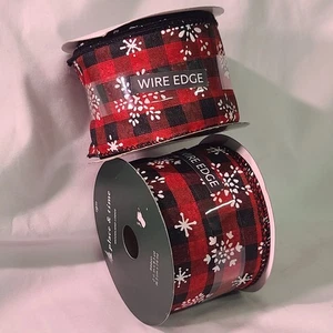Cinta de Navidad con borde de alambre de 2 carretes JoAnn Buffalo Check con copos de nieve - Imagen 1 de 6