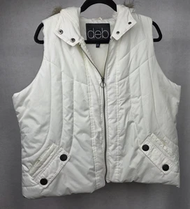 deb Women's Hooded Quilted Vest Faux Fur Trim Zip Pockets Ivory Size 2x - Picture 1 of 6