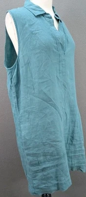 C&C California Shift Dress Women's 14 Green Collared V-Neck Pockets Linen Casual - Image 1 of 4