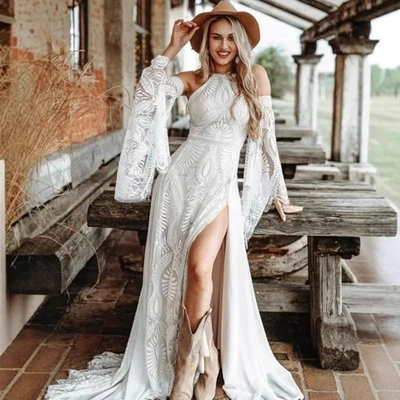Boho White Lace Mermaid Wedding Dresses with Split Vintage Bridal Gowns Train - Image 1 of 4