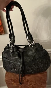 Brighton Lolita Black Leather Brown Accents 3 D Flowers Charms Shoulder Bag - Picture 1 of 21