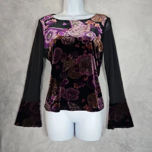 Vintage Samt Blumen Top Damen klein Netz Glockenärmel Fee launisch Goth Y2K - Bild 1 von 21