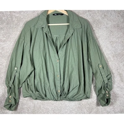 Blusa Zara Verde Oliva Abotonada Top Nudo Frontal Manga Larga Cuello L BOHO Foto 1 de 4