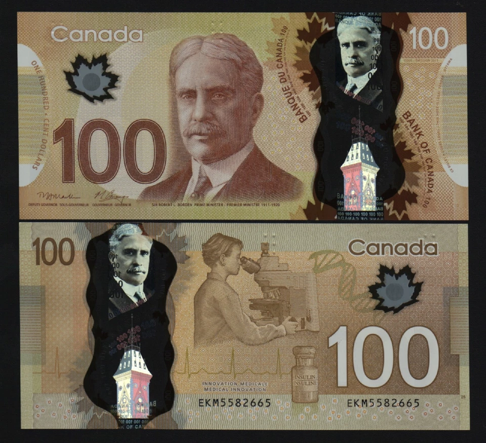 CANADA 100 DOLLAR 2011 POLYMER MACKLEM CARNEY UNC TELESCOPE MEDICINE BOTTLE NOTE - Image 1 of 1