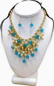 Layered Star Fish Pearl Gold Cable Chain Turquoise Crystal Bead Necklace Set - Picture 1 of 2