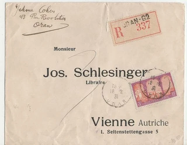 Stamps Algeria, registered cover to Austria 1931 - Image 1 of 1