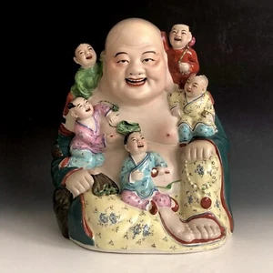 Vintage Chinese Famille Rose Porcelain Laughing Buddha With Children Statue - Picture 1 of 12