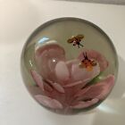 Vintage Art Glass Paperweight with Pink Flower Bees Unbranded