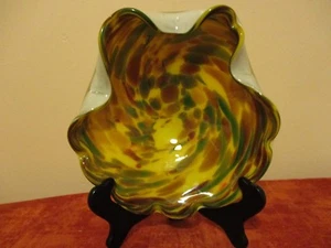 Mid Century Murano Style YELLOW BROWN GREEN Art Glass 8" Folded Bowl White Cased - Picture 1 of 8