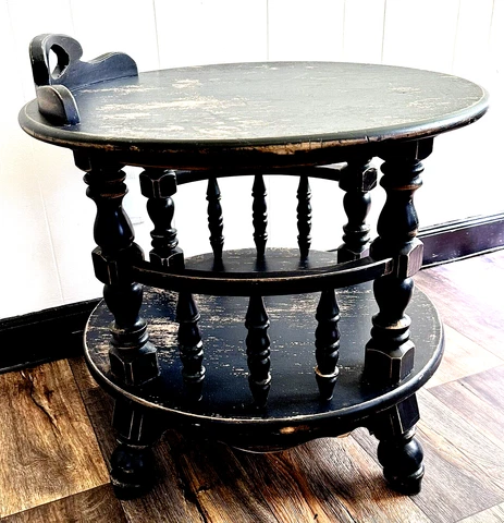 Vintage Tavern Style Round Drum End Table Accent Distressed Black Rustic 26" Cover