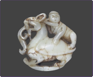 Chinese Carved White Nephrite Jade Feng Shui Pendant:  A Boy Rides a Dragon 