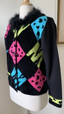 Suéter Jack B Quick M Mediano Para Mujer Negro Rosa Azul Cárdigan Cuello de Piel Sintética Foto 1 de 4