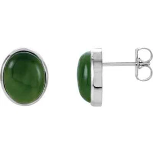 Juego de pendientes solitarios de bisel de jade de nefrita natural de 10x8 mm en oro blanco de 14 K - Imagen 1 de 1